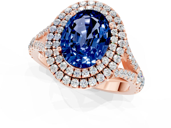 Rose gold Double Halo Oval Cut Blue Sapphire Split Shank Engagement Ring with Four-Prong Setting