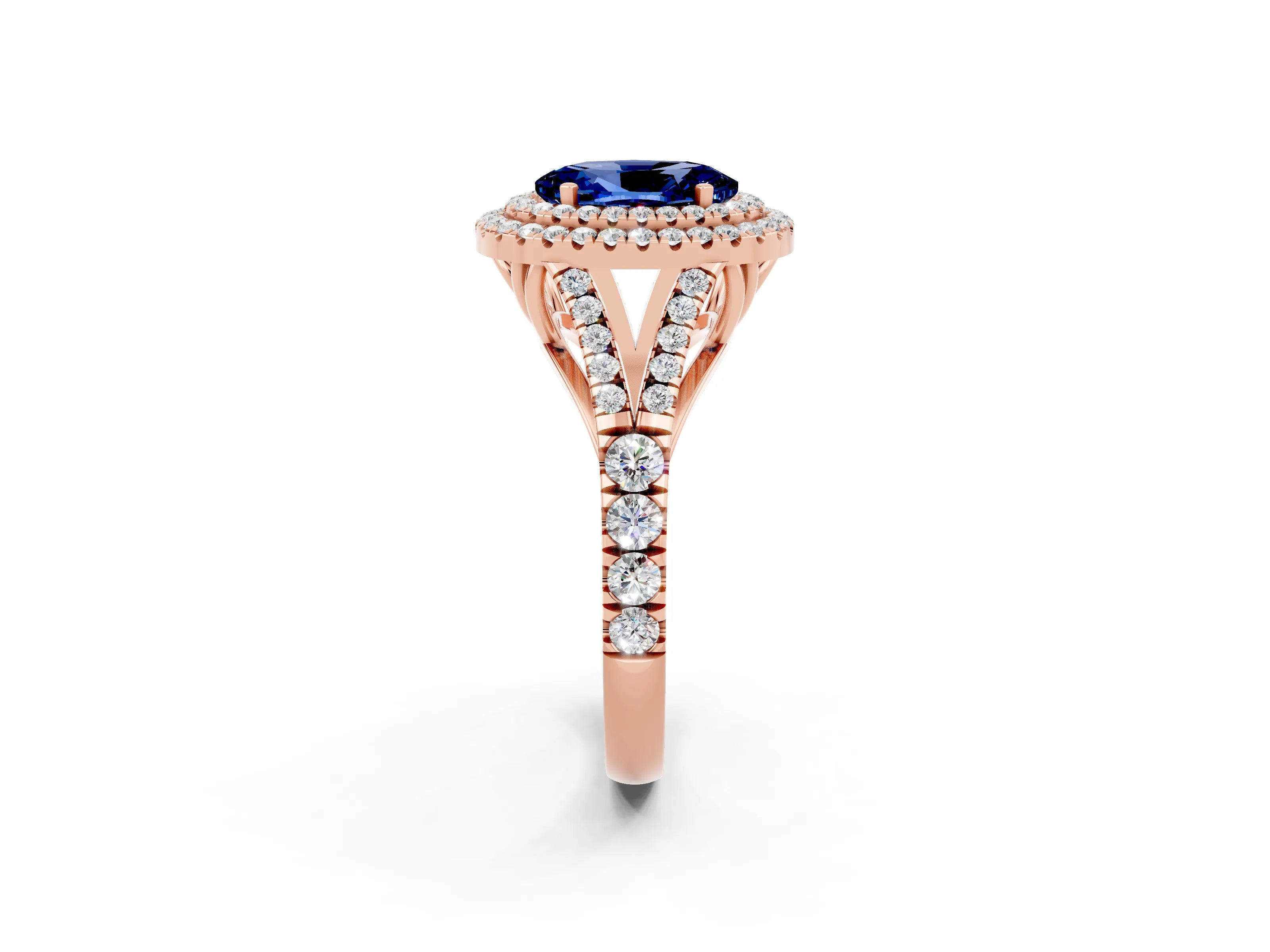 Rose gold Double Halo Oval Cut Blue Sapphire Split Shank Engagement Ring with Four-Prong Setting_2