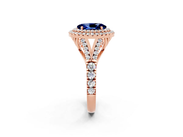 Rose gold Double Halo Oval Cut Blue Sapphire Split Shank Engagement Ring with Four-Prong Setting