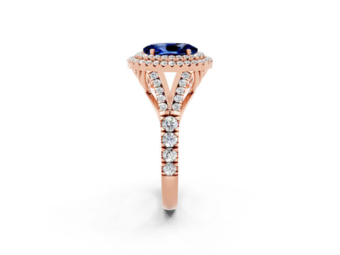 Rose gold Double Halo Oval Cut Blue Sapphire Split Shank Engagement Ring with Four-Prong Setting_2