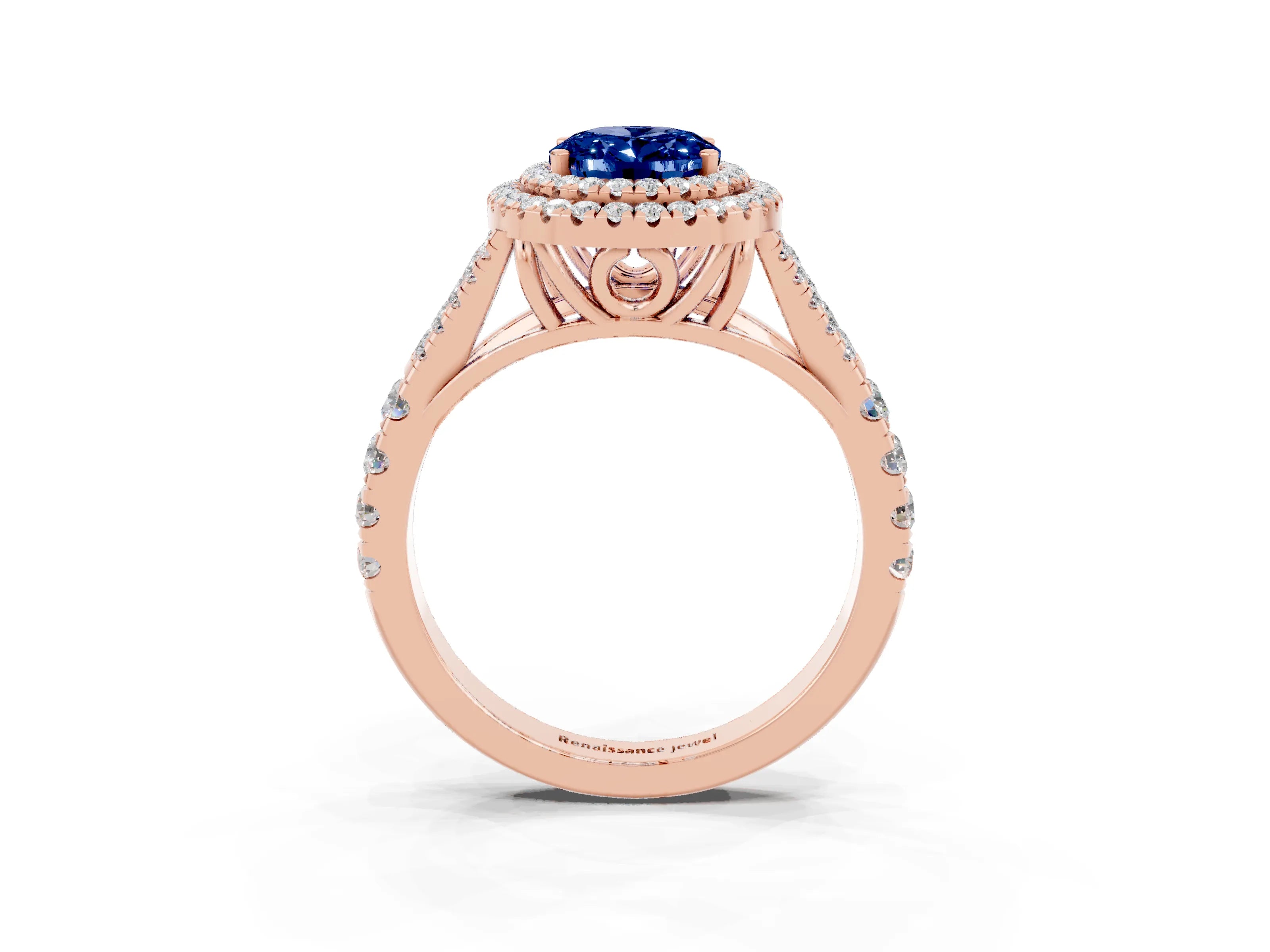 Rose gold Double Halo Oval Cut Blue Sapphire Split Shank Engagement Ring with Four-Prong Setting_3