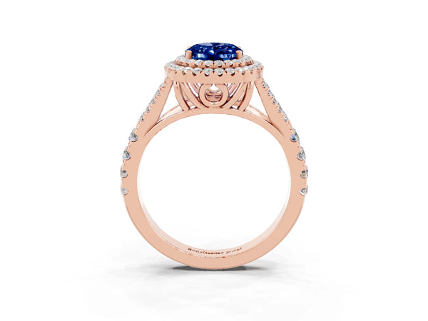 Rose gold Double Halo Oval Cut Blue Sapphire Split Shank Engagement Ring with Four-Prong Setting
