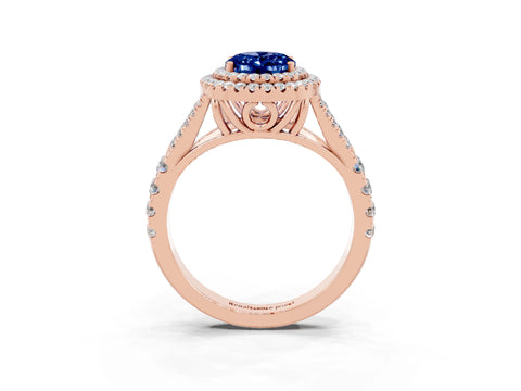 Rose gold Double Halo Oval Cut Blue Sapphire Split Shank Engagement Ring with Four-Prong Setting_3