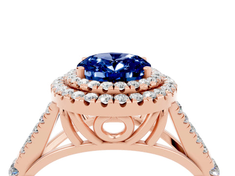 Rose gold Double Halo Oval Cut Blue Sapphire Split Shank Engagement Ring with Four-Prong Setting_4