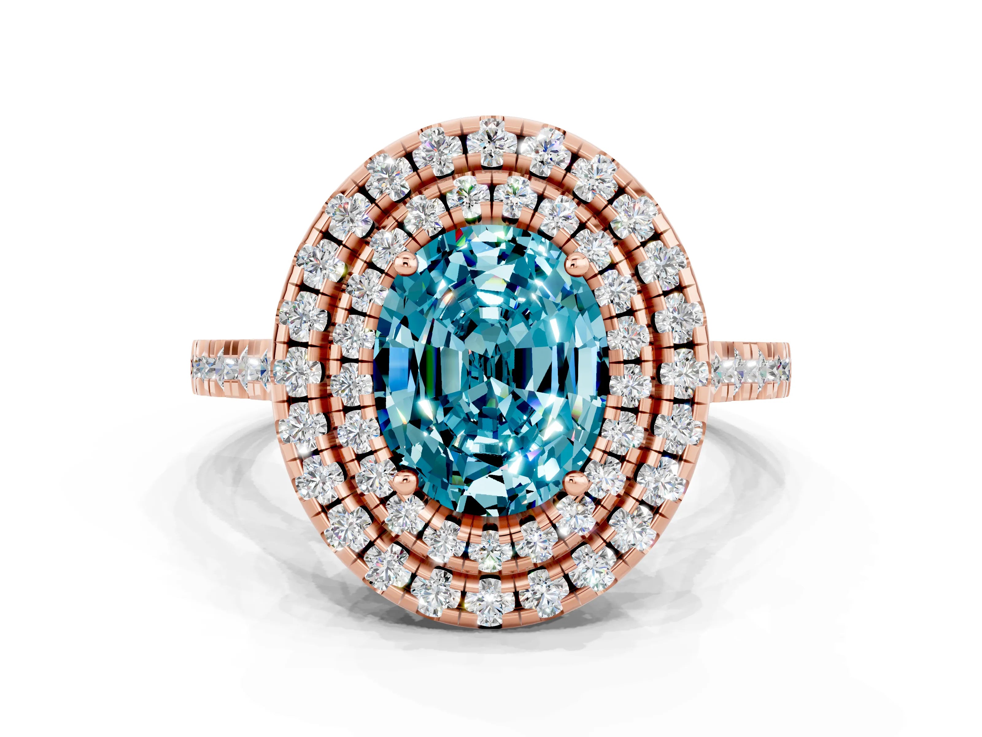 Rose gold Double Halo Oval Cut Blue Topaz Pavé Band with Four-Prong Setting