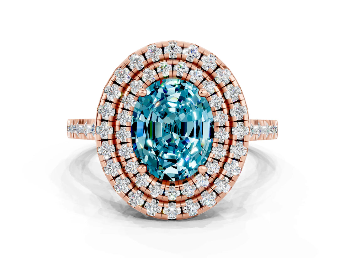 Rose gold Double Halo Oval Cut Blue Topaz Pavé Band with Four-Prong Setting