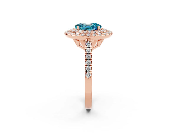 Rose gold Double Halo Oval Cut Blue Topaz Pavé Band with Four-Prong Setting
