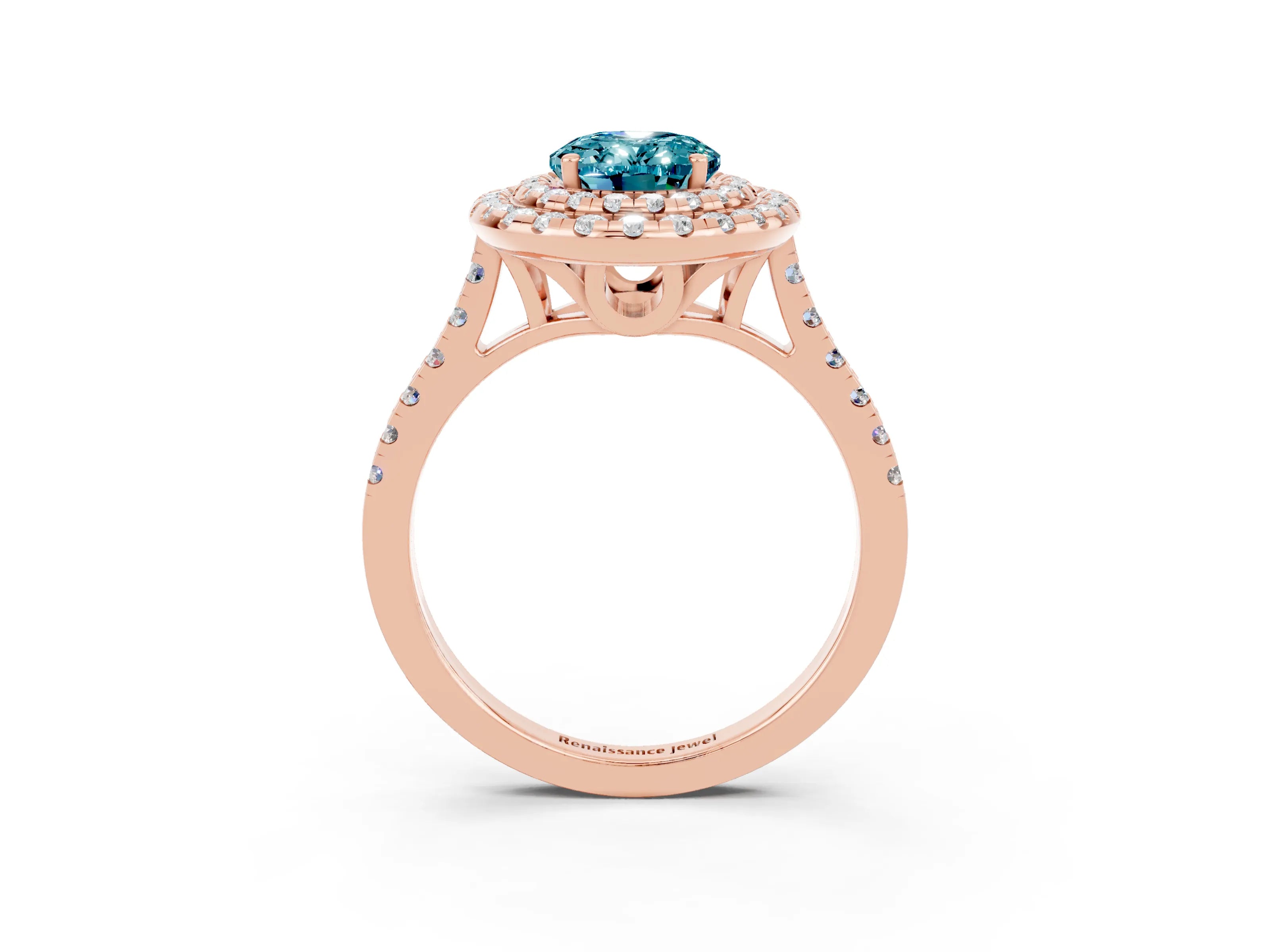 Rose gold Double Halo Oval Cut Blue Topaz Pavé Band with Four-Prong Setting_3