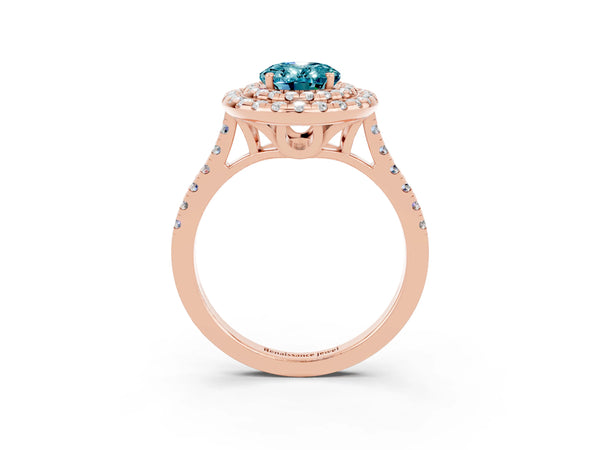 Rose gold Double Halo Oval Cut Blue Topaz Pavé Band with Four-Prong Setting