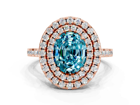 Rose gold Double Halo Oval Cut Blue Topaz Pavé Band with Four-Prong Setting