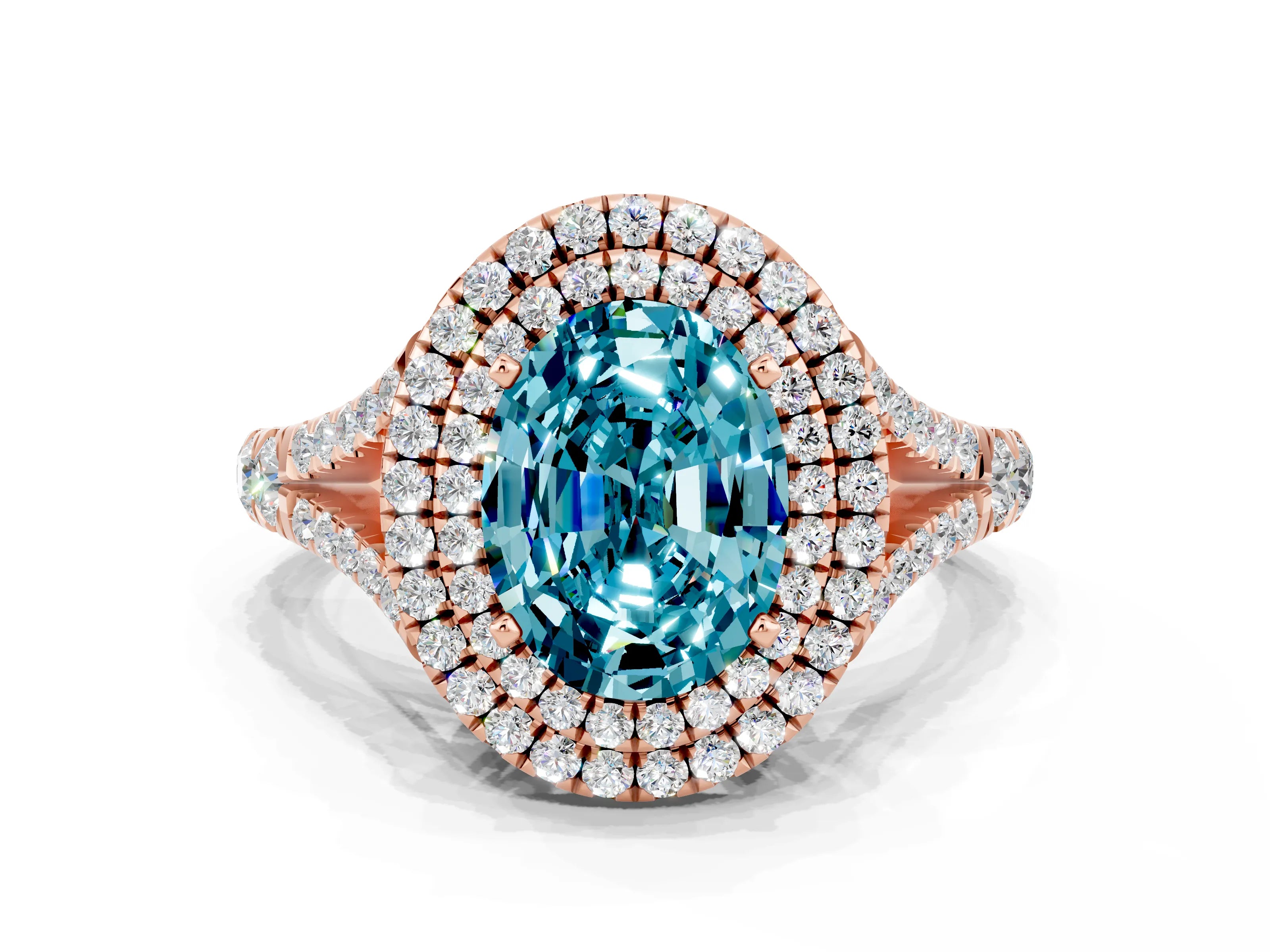 Rose gold Double Halo Oval Cut Blue Topaz Pavé Split Shank Ring with Prong Setting