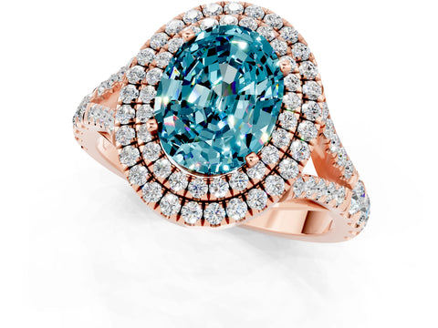 Rose gold Double Halo Oval Cut Blue Topaz Pavé Split Shank Ring with Prong Setting_1
