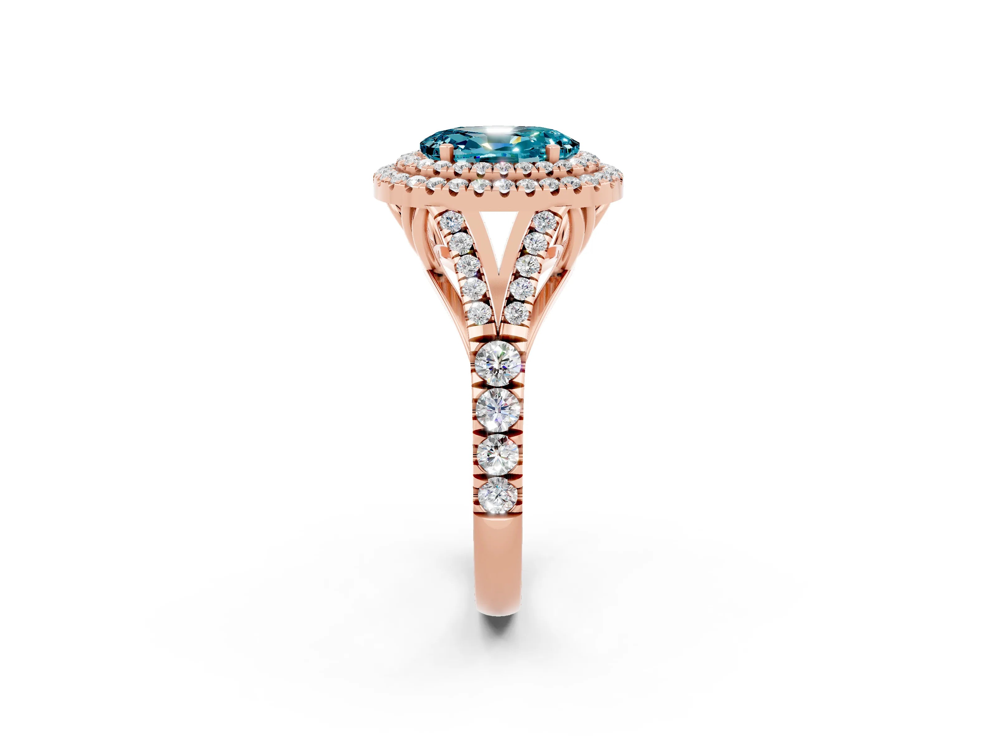 Rose gold Double Halo Oval Cut Blue Topaz Pavé Split Shank Ring with Prong Setting_2