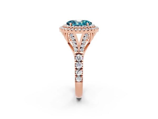 Rose gold Double Halo Oval Cut Blue Topaz Pavé Split Shank Ring with Prong Setting