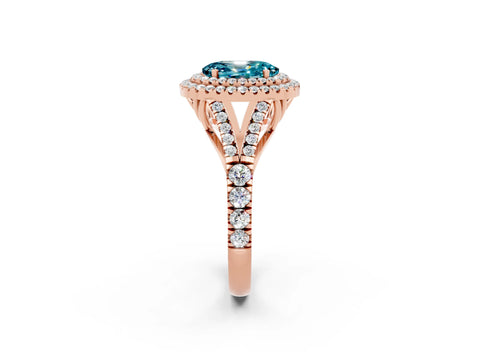 Rose gold Double Halo Oval Cut Blue Topaz Pavé Split Shank Ring with Prong Setting_2