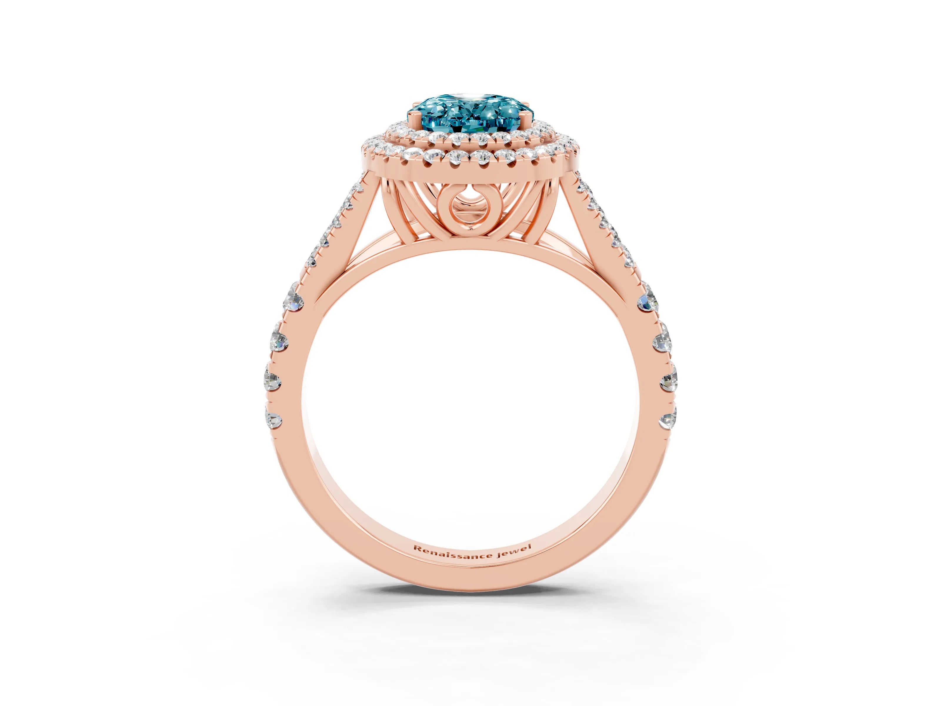 Rose gold Double Halo Oval Cut Blue Topaz Pavé Split Shank Ring with Prong Setting_3
