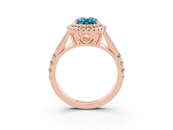 Rose gold Double Halo Oval Cut Blue Topaz Pavé Split Shank Ring with Prong Setting