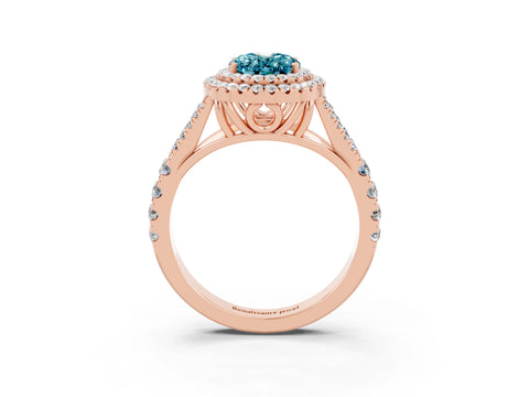 Rose gold Double Halo Oval Cut Blue Topaz Pavé Split Shank Ring with Prong Setting_3