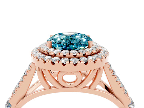 Rose gold Double Halo Oval Cut Blue Topaz Pavé Split Shank Ring with Prong Setting_4
