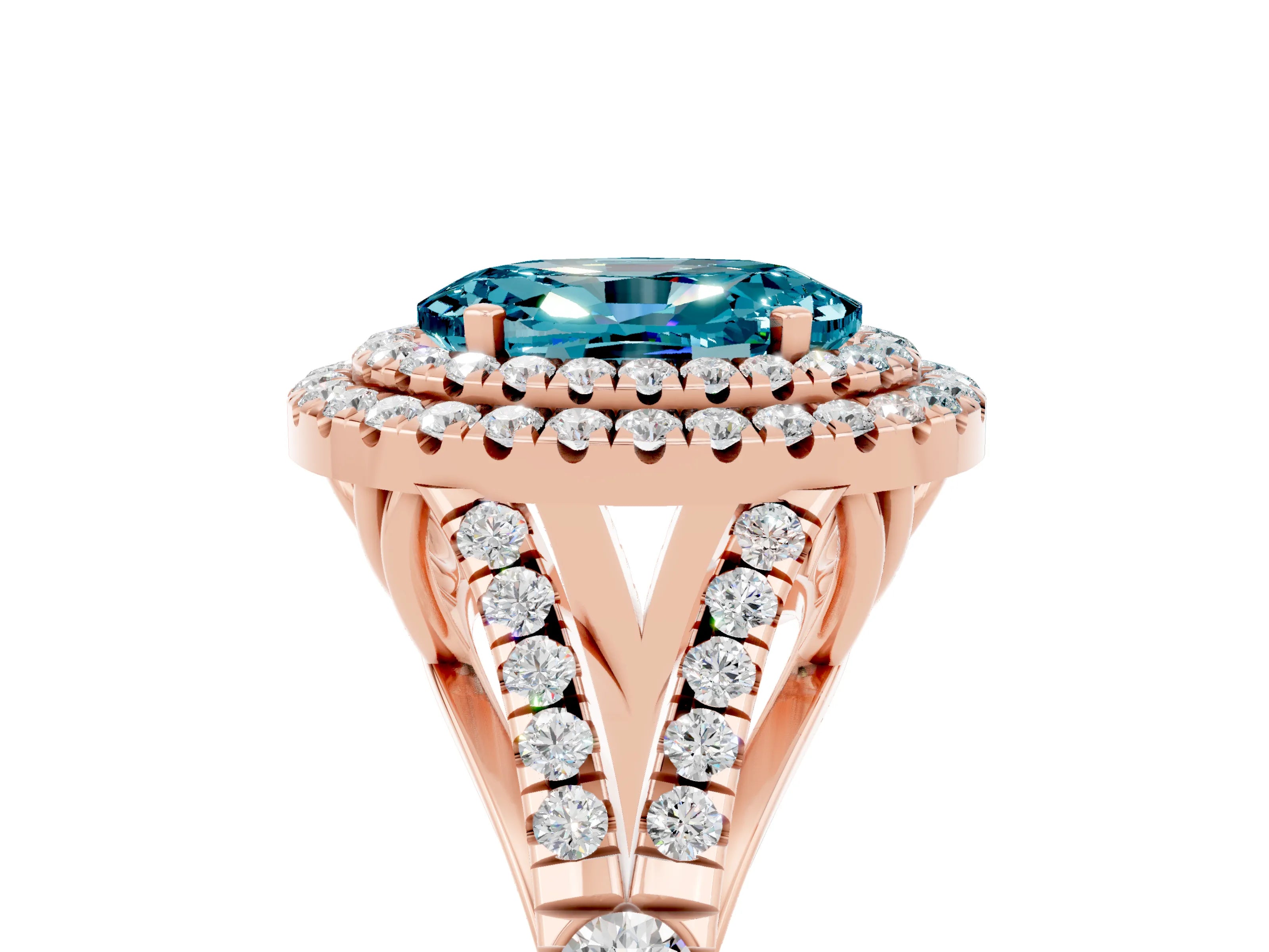 Rose gold Double Halo Oval Cut Blue Topaz Pavé Split Shank Ring with Prong Setting_5