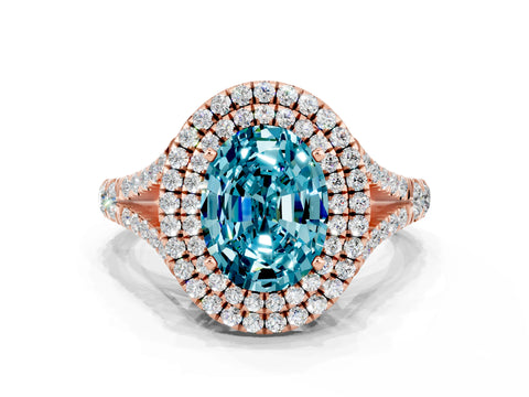 Rose gold Double Halo Oval Cut Blue Topaz Pavé Split Shank Ring with Prong Setting