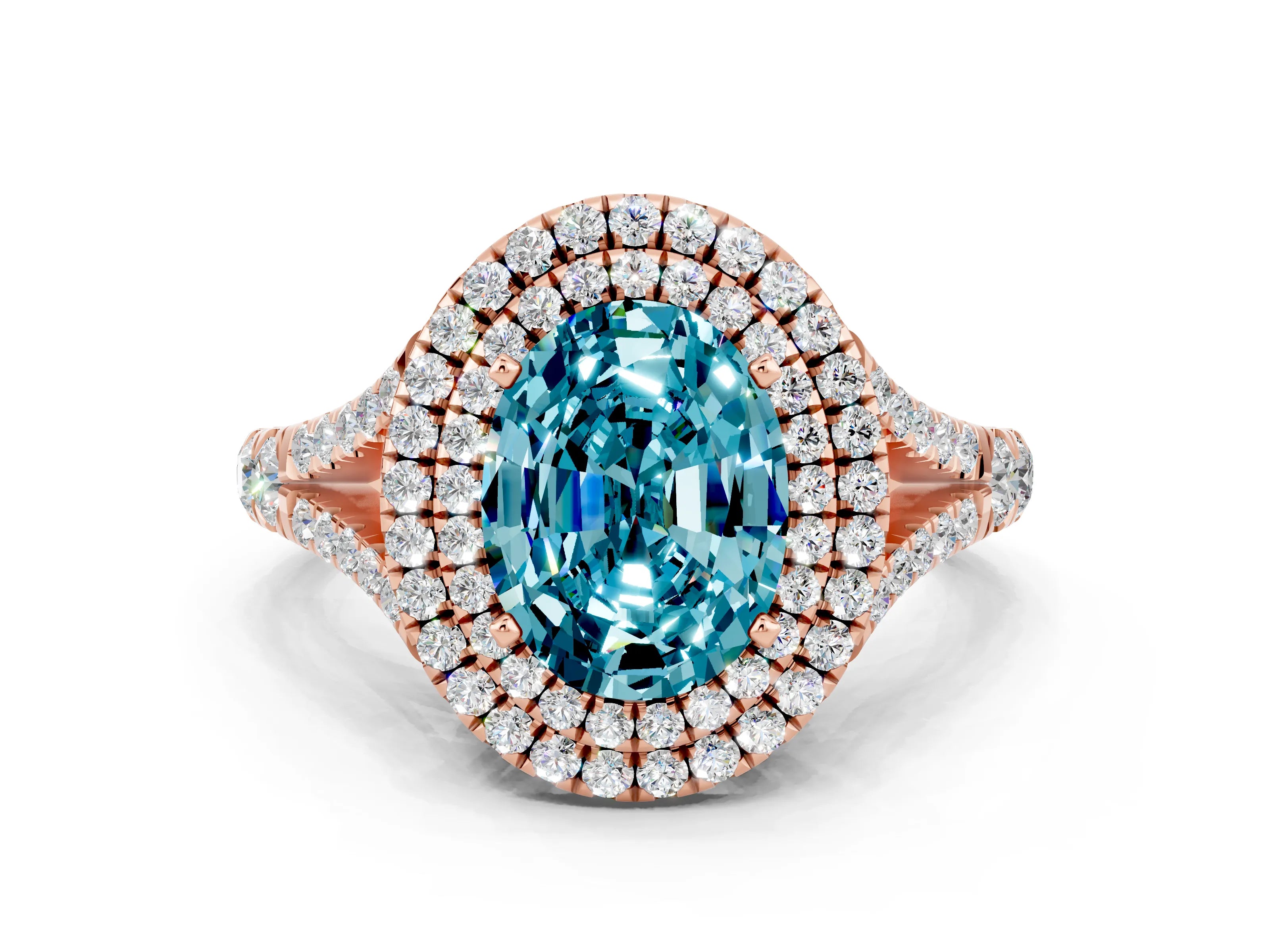 Rose gold Double Halo Oval Cut Blue Topaz Split Shank Engagement Ring with Four-Prong Setting