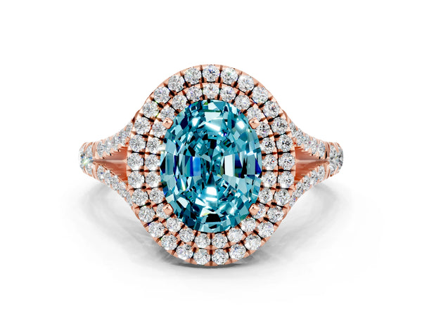 Rose gold Double Halo Oval Cut Blue Topaz Split Shank Engagement Ring with Four-Prong Setting