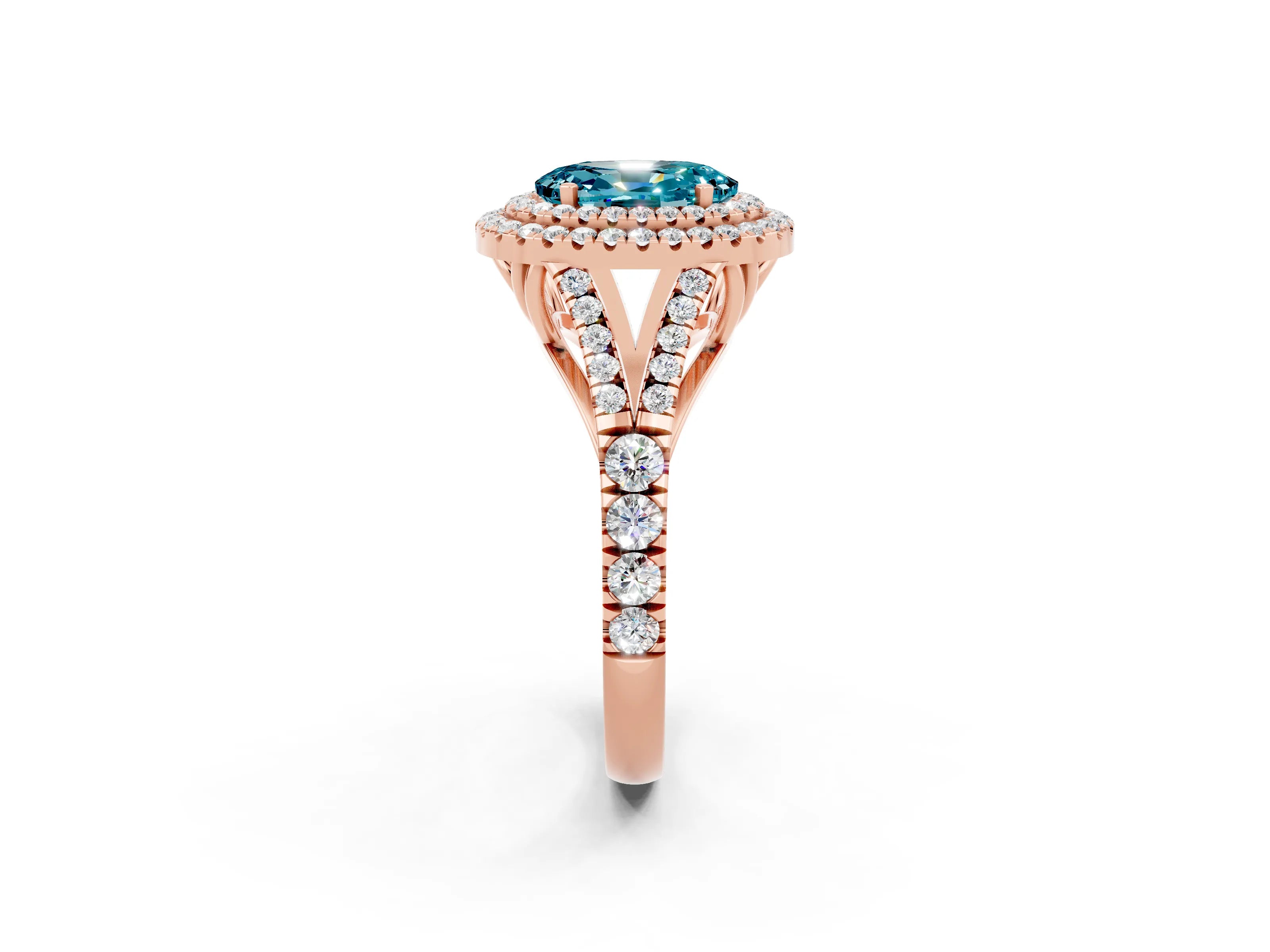 Rose gold Double Halo Oval Cut Blue Topaz Split Shank Engagement Ring with Four-Prong Setting_2