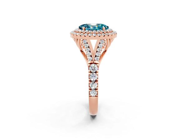 Rose gold Double Halo Oval Cut Blue Topaz Split Shank Engagement Ring with Four-Prong Setting