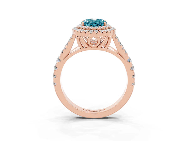 Rose gold Double Halo Oval Cut Blue Topaz Split Shank Engagement Ring with Four-Prong Setting