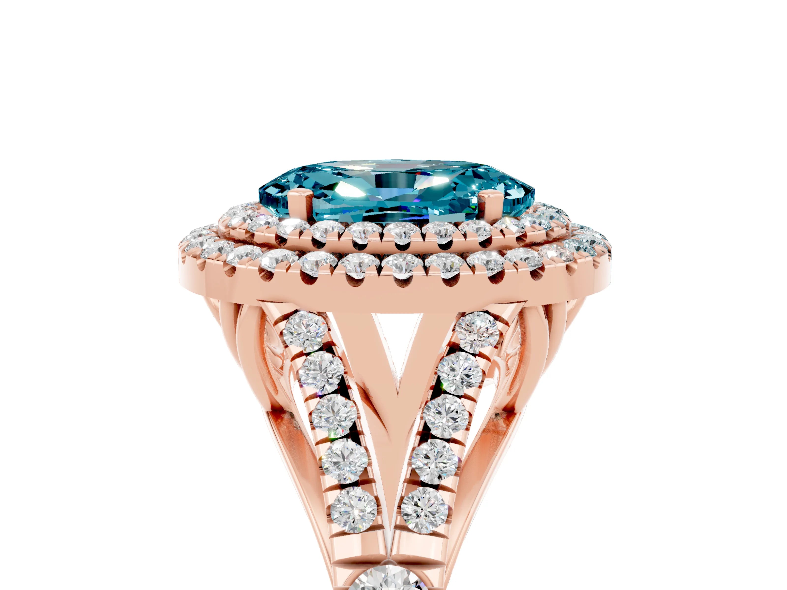 Rose gold Double Halo Oval Cut Blue Topaz Split Shank Engagement Ring with Four-Prong Setting_5