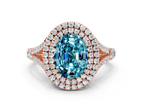Rose gold Double Halo Oval Cut Blue Topaz Split Shank Engagement Ring with Four-Prong Setting