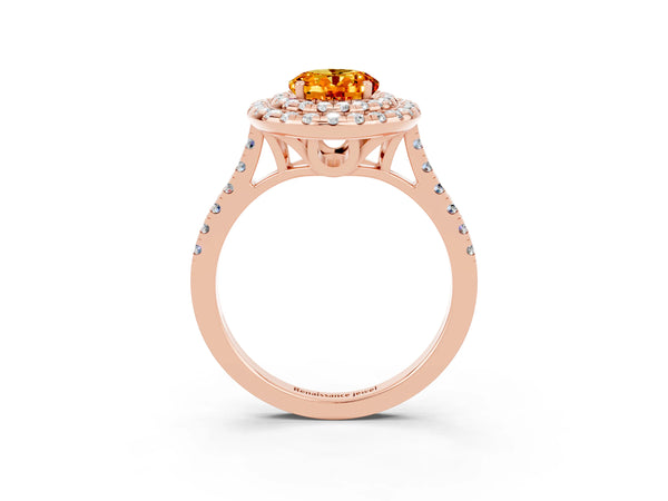 Rose gold Double Halo Oval Cut Citrine Pavé Band with Four-Prong Setting