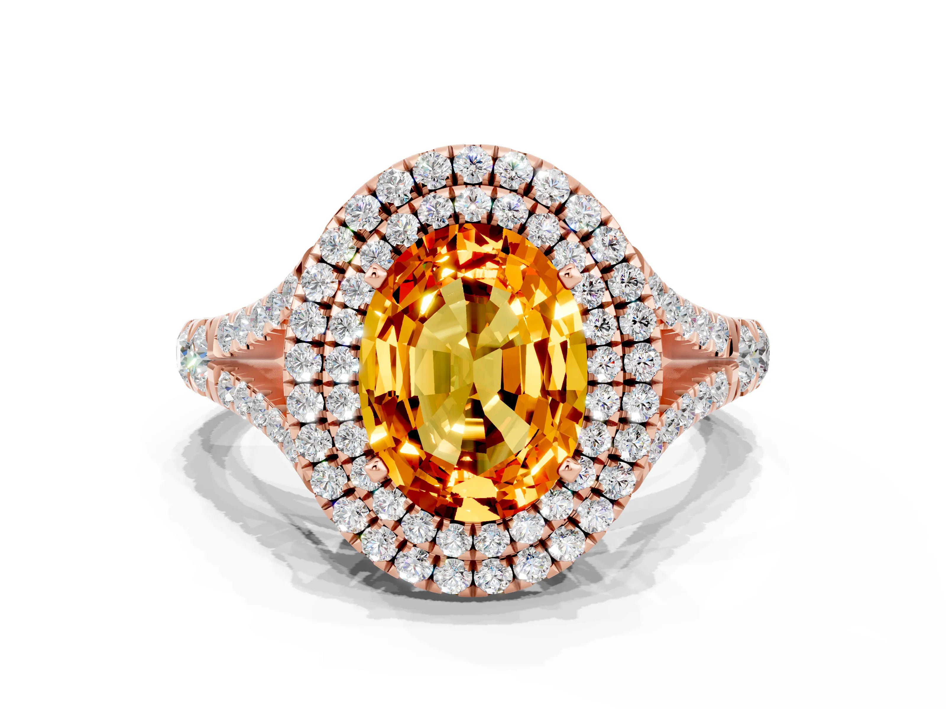 Rose gold Double Halo Oval Cut Citrine Pavé Split Shank Ring with Prong Setting