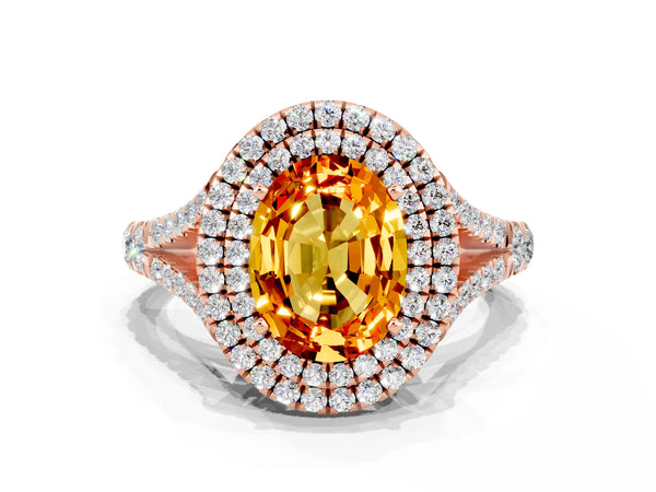 Rose gold Double Halo Oval Cut Citrine Pavé Split Shank Ring with Prong Setting