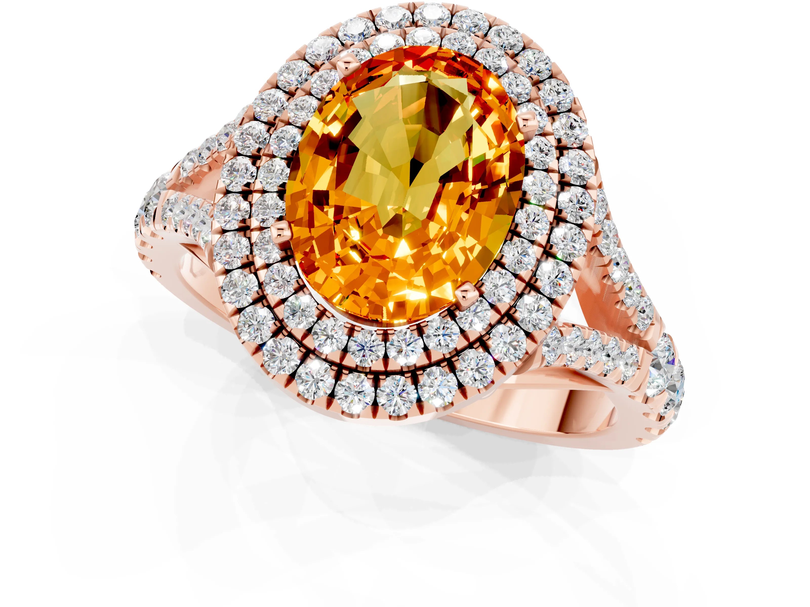 Rose gold Double Halo Oval Cut Citrine Pavé Split Shank Ring with Prong Setting_1