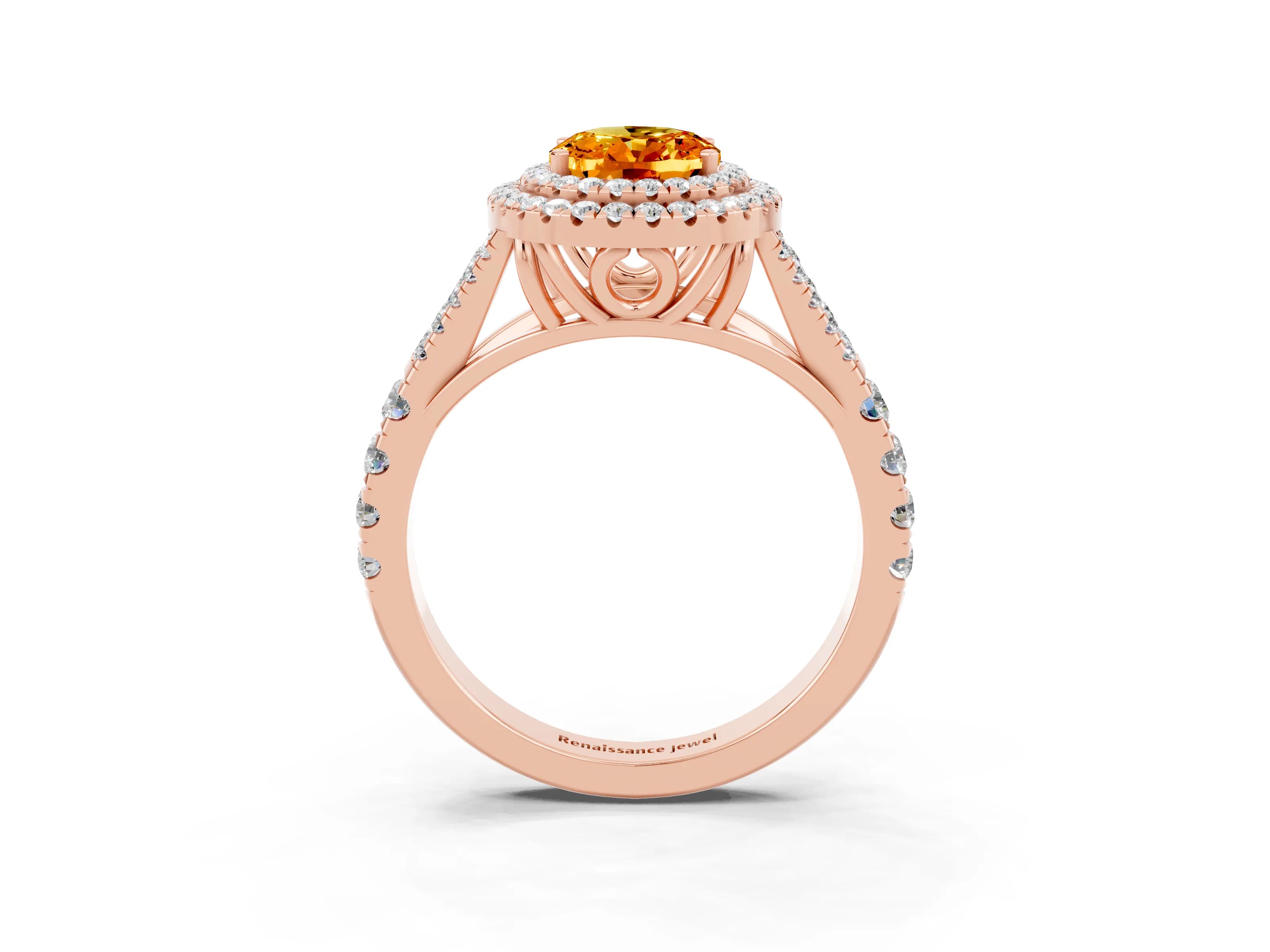 Rose gold Double Halo Oval Cut Citrine Pavé Split Shank Ring with Prong Setting_3