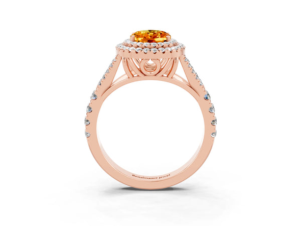 Rose gold Double Halo Oval Cut Citrine Pavé Split Shank Ring with Prong Setting
