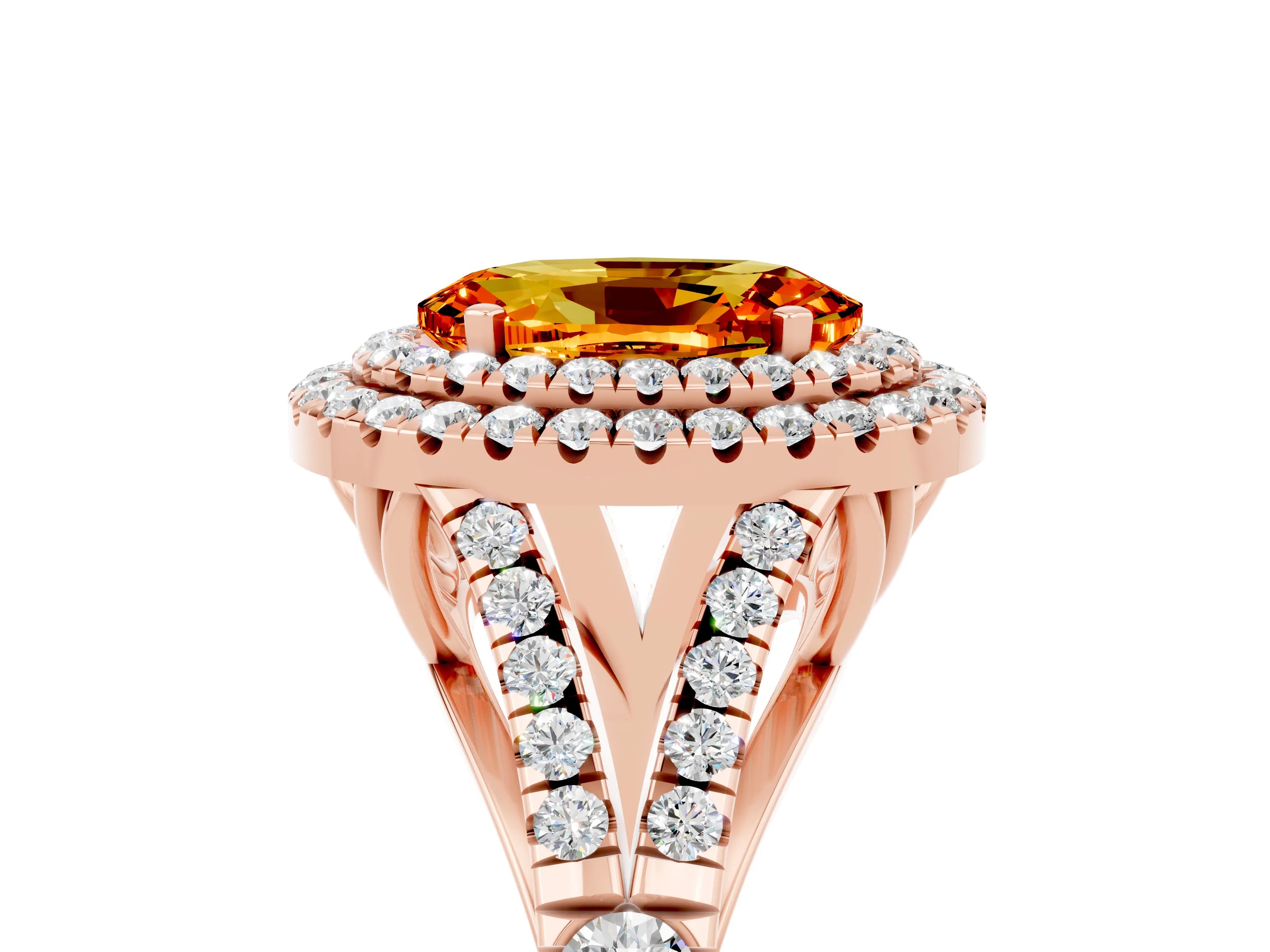Rose gold Double Halo Oval Cut Citrine Pavé Split Shank Ring with Prong Setting_5