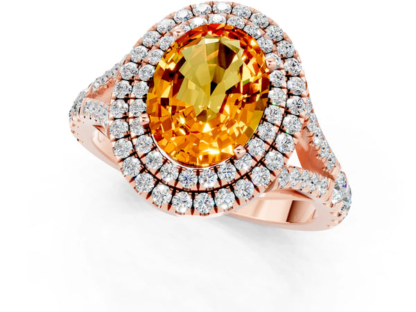 Rose gold Double Halo Oval Cut Citrine Split Shank Engagement Ring with Four-Prong Setting