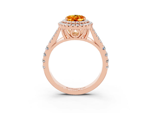 Rose gold Double Halo Oval Cut Citrine Split Shank Engagement Ring with Four-Prong Setting