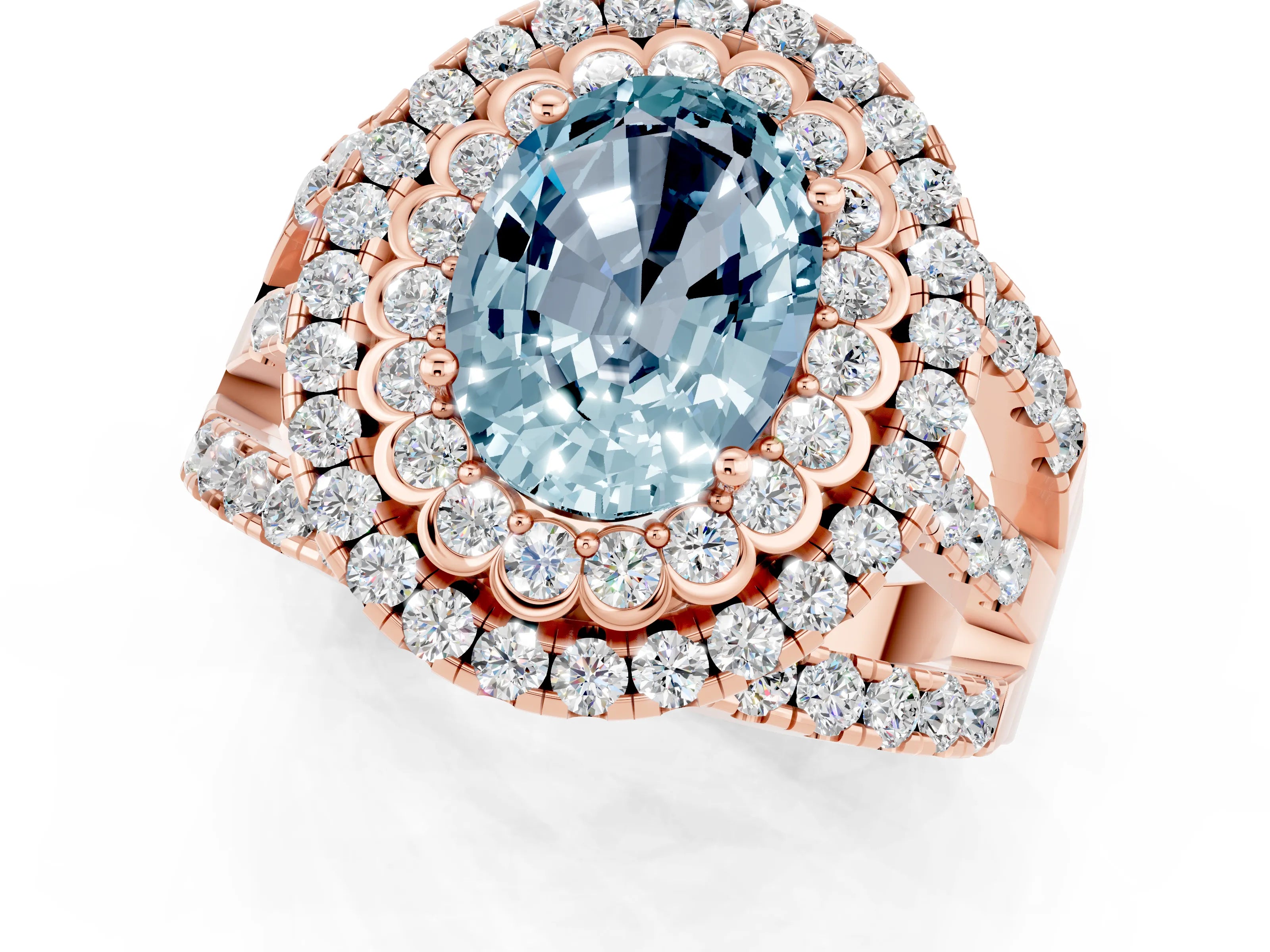 Rose gold Double Halo Oval Cut Diamond Split Shank Pave Set Ring_1