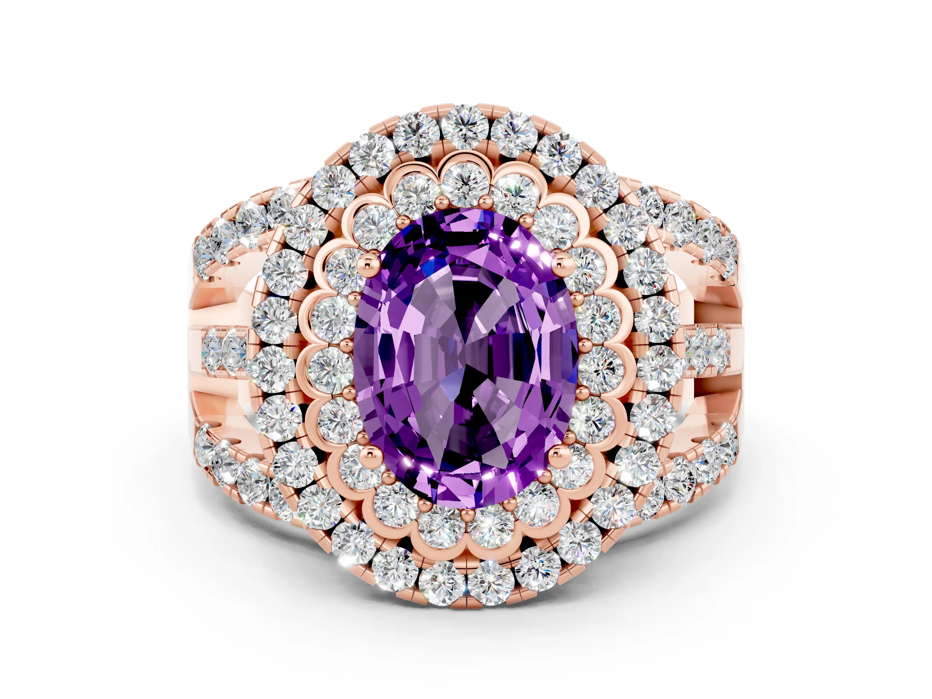 Rose gold Double Halo Oval Cut Diamond Split Shank Pave Set Ring