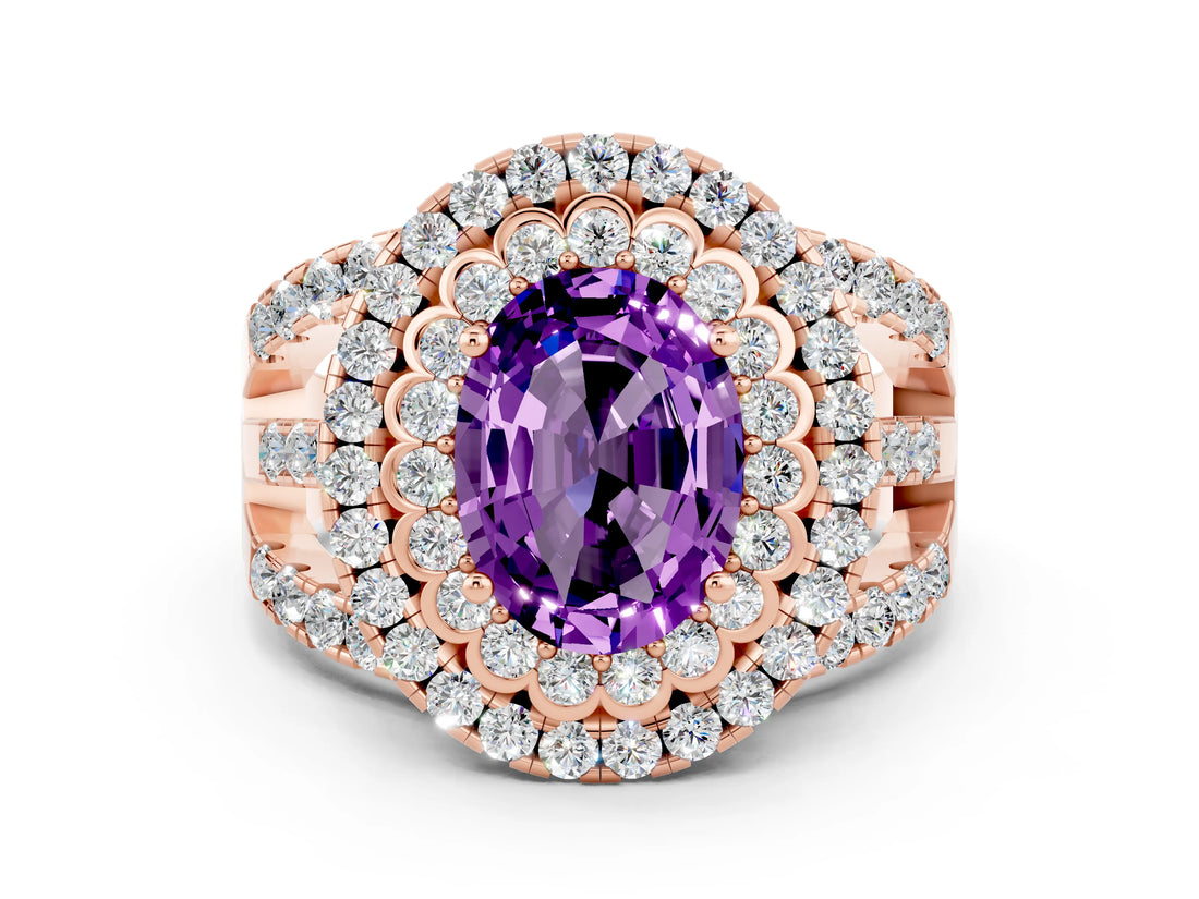 Rose gold Double Halo Oval Cut Diamond Split Shank Pave Set Ring