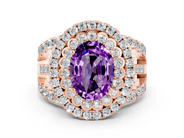 Rose gold Oval Cut Amethyst Double Halo Ring with Round Pavé Split Shank and Prong Setting