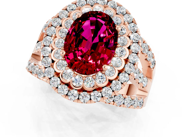 Rose gold Oval Cut Garnet Double Halo Ring with Round Pavé Split Shank and Prong Setting