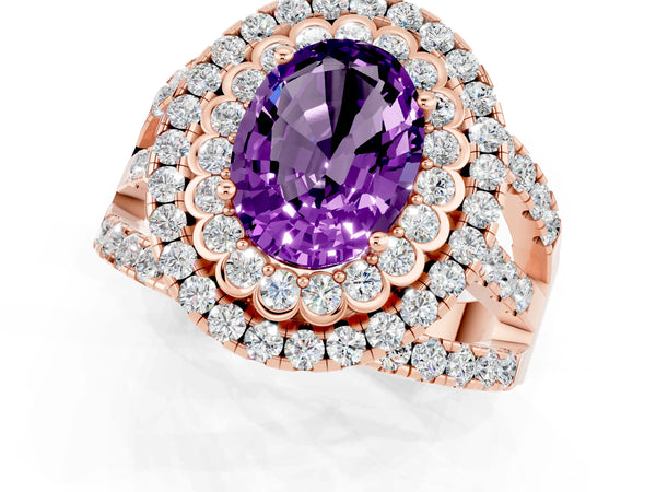 Rose gold Oval Cut Amethyst Double Halo Ring with Round Pavé Split Shank and Prong Setting