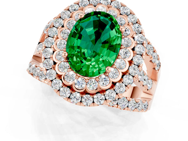 Rose gold Oval Cut Emerald Double Halo Ring with Round Pavé Split Shank and Prong Setting