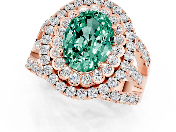Rose gold Oval Cut Green Sapphire Double Halo Ring with Round Pavé Split Shank and Prong Setting