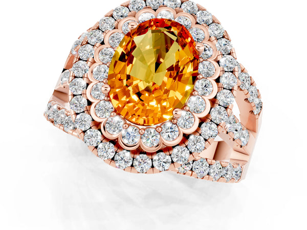 Rose gold Oval Cut Citrine Double Halo Ring with Round Pavé Split Shank and Prong Setting